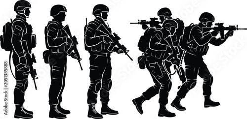 Foto Black Silhouette Set of Fully Equipped Special Forces Soldiers in Standing and C