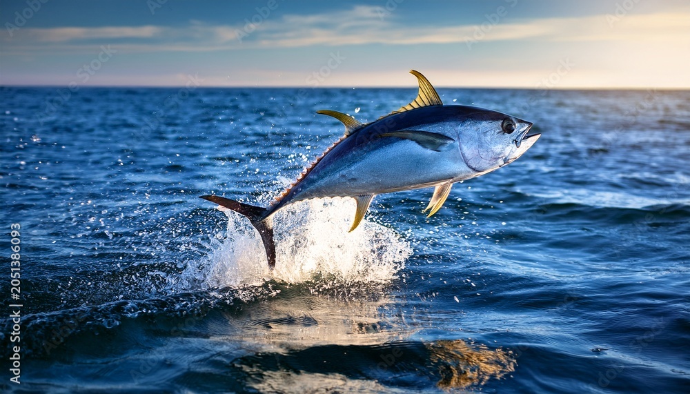 Obraz premium tuna jumping out of water see tuna fish leaping observe tuna in motion learn about tuna behavior explore tuna facts discover tuna species understand tuna habitat watch tuna action amazing tuna