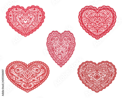 Vintage Lace Heart Vector Icon Set Collection with Ornamental Floral Filigree Design