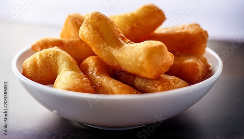 close up of cut youtiao golden fried dough sticks in a white bowl light and airy texture asian cuisine snack