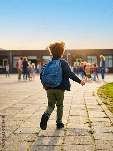 Children Returning to School on First Day of Classes. Copy Space