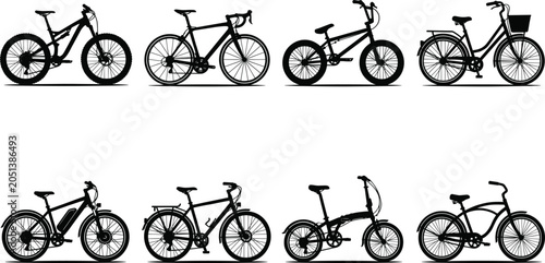 Fotografie Set of eight bicycle vector silhouettes including mountain road bmx city electri