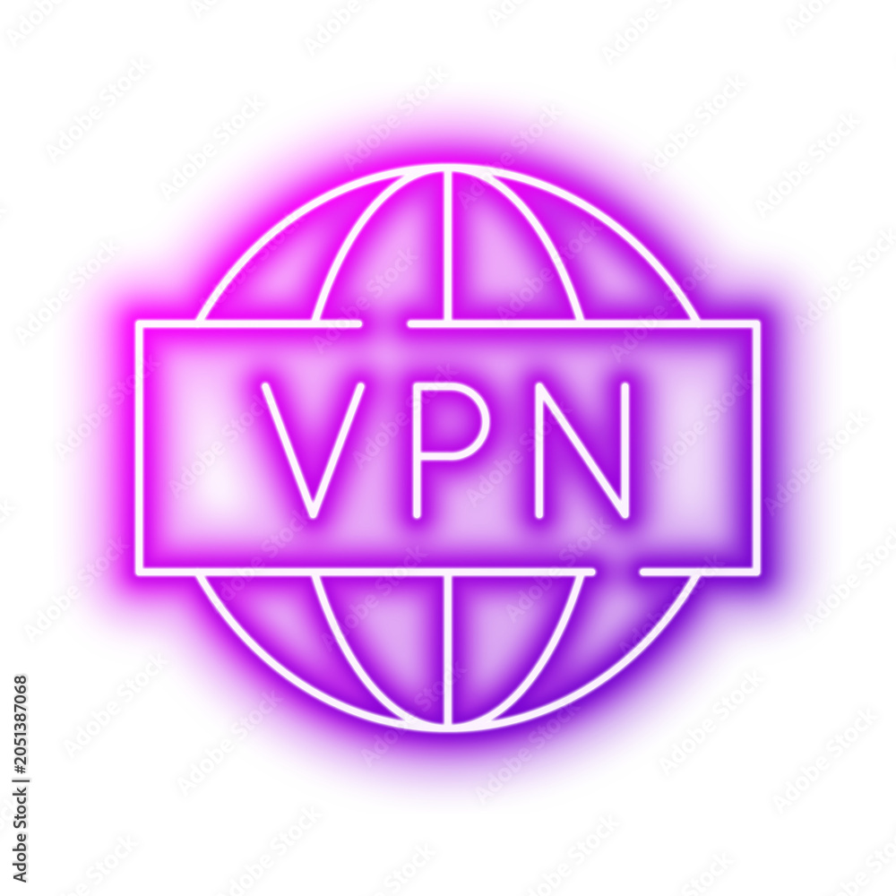 Fototapeta premium Globe With VPN Label For Private Network Secure. Neon glowing effect icon