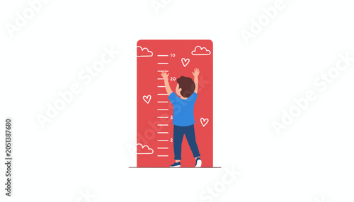 Fotografie Young person standing at a red height chart decorated with hearts and clouds for tracking physical growth measurements
