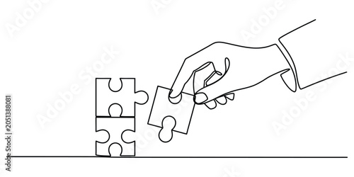 Cuadro en lienzo Continuous line drawing of a hand holding a puzzle piece for business solution