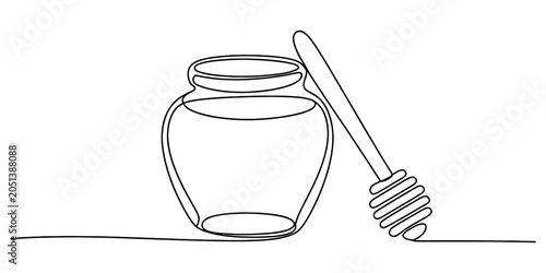 Cuadro en lienzo Continuous single line drawing of a honey jar with a wooden dipper spoon
