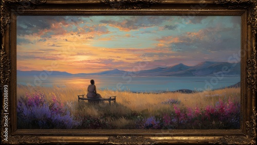 Classic Museum Exhibition Showcasing Tranquil Sunset Landscape Artwork with Emotional Storytelling Appeal
