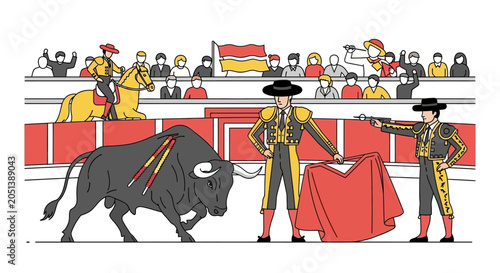 Spanish matador and bull in arena.