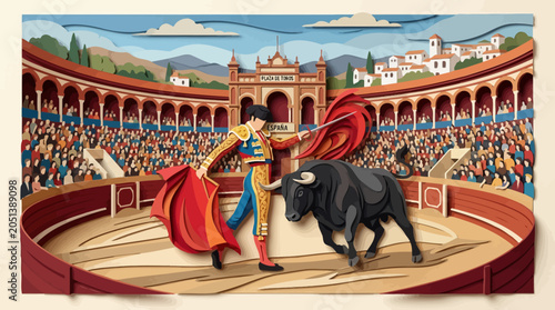 Matador fighting a bull in arena.