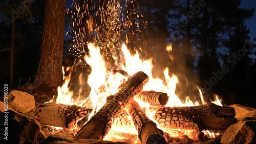 Campfire, burning wood, flames, forest, nighttime