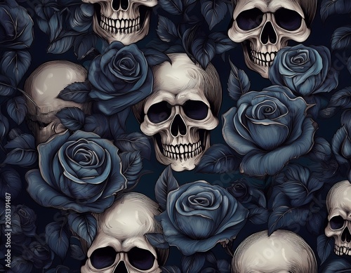 gothic seamless background with dark roses and skulls creating a moody and dramatic repeating pattern