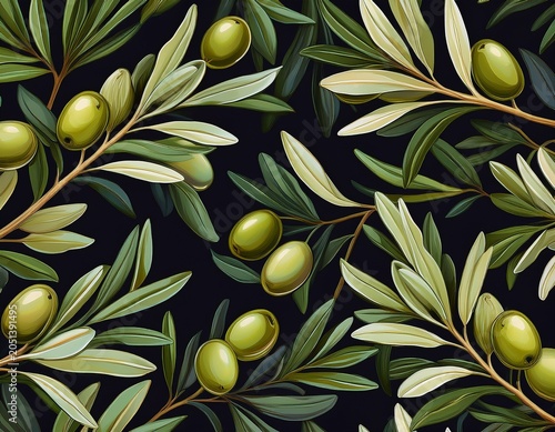 lush olives branch pattern dark background textile design