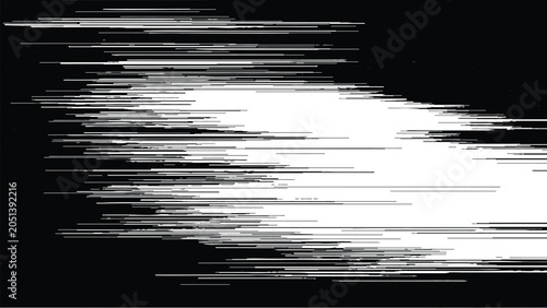 Foto Glitchy white shape on black background with horizontal lines and distorted edge