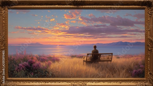 Classic Museum Exhibition Showcasing Tranquil Sunset Landscape Artwork with Emotional Storytelling Appeal