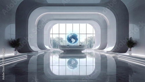 Futuristic corporate lobby with smooth curved architecture and a global globe above the reception. Minimalist business center interior with reflections.