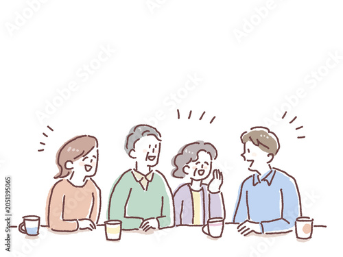 笑顔で会話をする高齢夫婦と家族、介護や老後相談のイメージイラスト