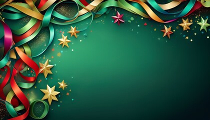 Green Background With Colorful Ribbons Stars And Sparkles Forming A Festive Border