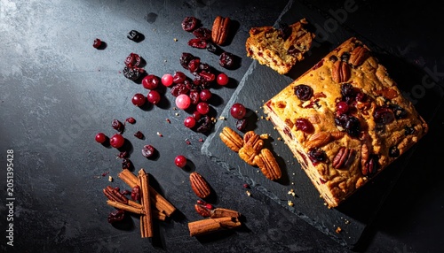 Deconstructed Fruitcake Elements Featuring Dried Cranberries, Glace Cherries, and Pecans Scattered on Dark Surface