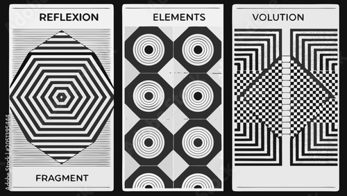 Billede på lærred Geometric patterns with concentric circles and linear arrangements black and whi