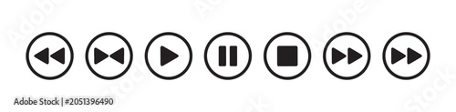 Obraz na plátně Circular media player button icons for video playback control including play pause stop fast forward and rewind