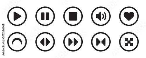Tableau sur toile Media player control buttons, play, pause, stop, volume, heart, crescent, rewind, fast forward, skip