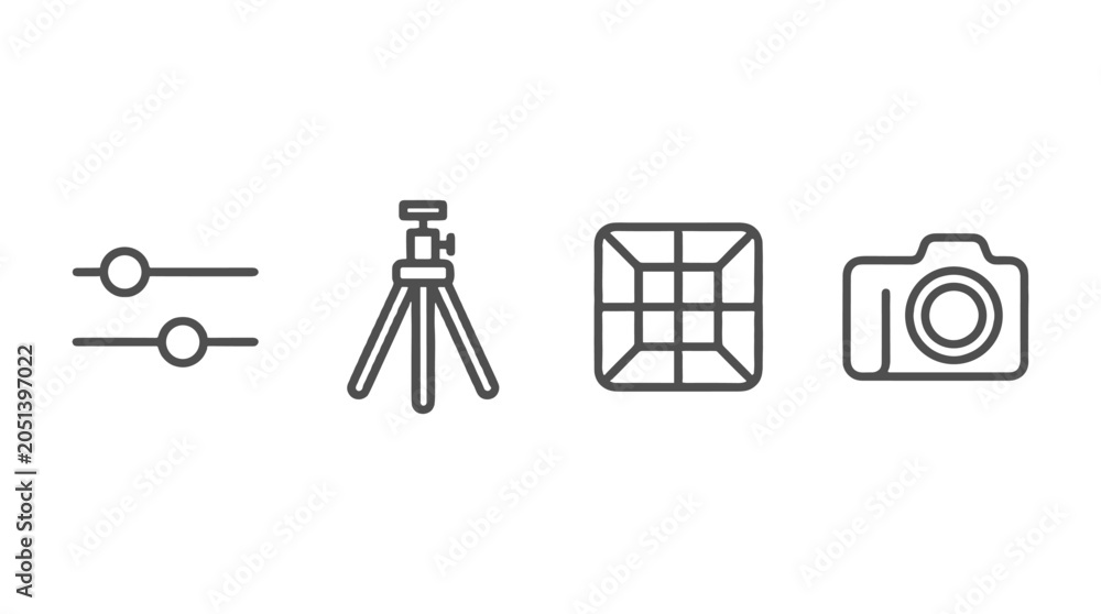 Obraz premium Photography equipment line icons with camera tripod and controls