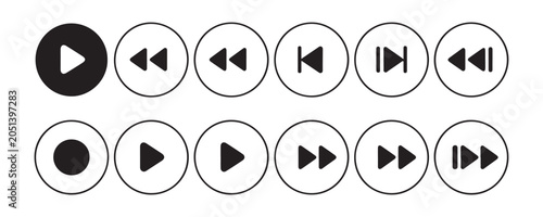 Tableau sur toile Set of media player control icons including buttons for play pause record and skip in circle frames