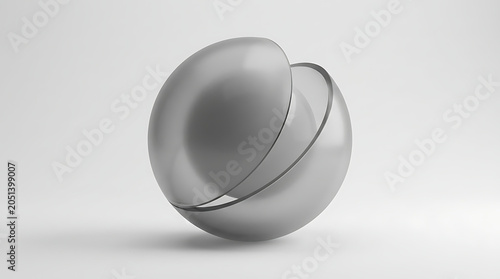Minimalist translucent gray sphere with reflective sliced surface on white background