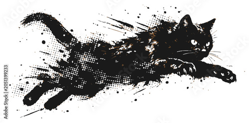 A dynamic black cat leaping across a white background in a dramatic ink splatter, halftone and grunge illustration that conveys motion