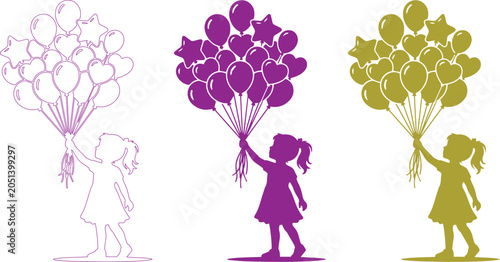 Little girl silhouette holding bunch of balloons, child with party balloons vector set, purple and gold festive celebration graphics isolated on White Background