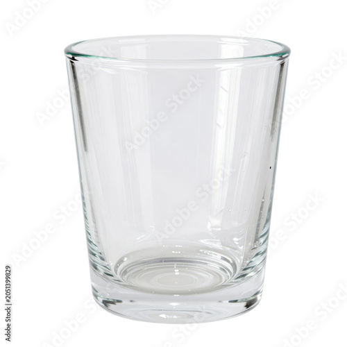 A transparent, empty glass cup ideal for beverages is shown on a white background, perfect for product displays, promotional images, or artistic compositions.
