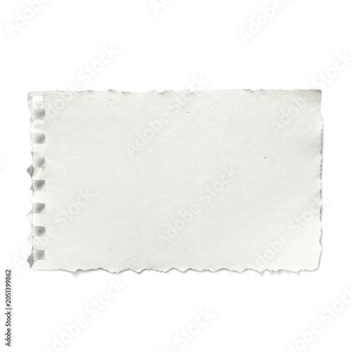 A blank white torn paper sheet with textured surface and perforated edges on a black background, ideal for note-taking, design, or creative projects.