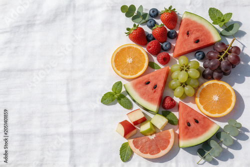 Assorted fresh fruit slices and berries on white textured cloth with mint and eucalyptus leaves