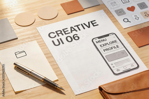 Creative UI Design Concept with Paper Mockup and Pen on Wooden Desk