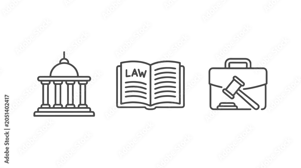 Fototapeta premium Legal services line icons with courthouse law book and briefcase