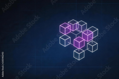 Futuristic digital neon cubes network on dark blue background