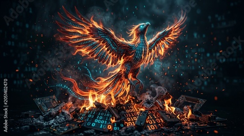 Phoenix rising from digital fire symbolizes a powerful rebirth emerging amidst a chaotic landscape of binary data and glowing code fragments.