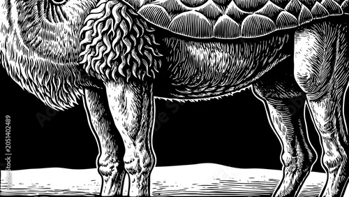 Camel is depicted in a detailed black and white illustration with a distinct hump pattern.