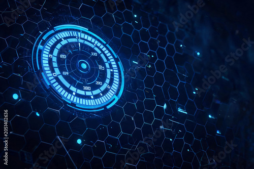 Futuristic Blue Digital Interface with Hexagonal Grid and Circular HUD Elements