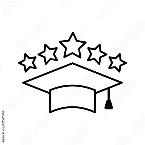 Minimalist line icon of a graduation cap with five stars symbolizing education excellence, academic achievement, university rating, student success, certification, and quality learning concept isolate