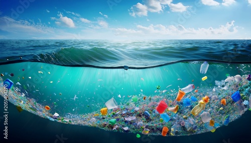 bright microplastic particles in ocean water concept of pollution in nature