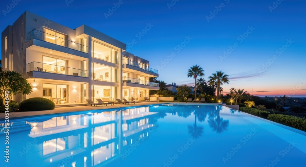 Fototapeta premium Luxurious modern villa with infinity pool overlooking cityscape at dusk