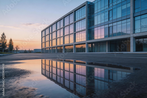 Modern Office Building Reflecting in a Puddle at Sunset