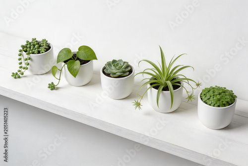 Various small green houseplants in white ceramic pots on a white shelf