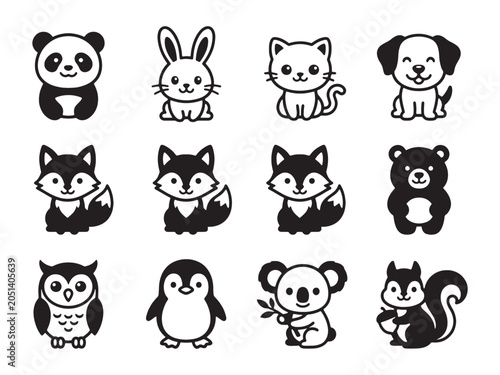 Collection of adorable animal icons in black and white