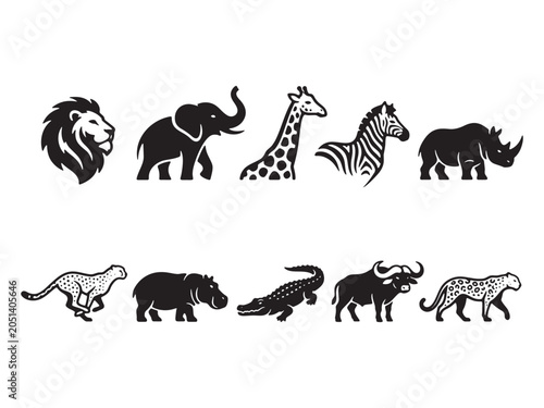 Collection of black and white icons featuring various safari animals