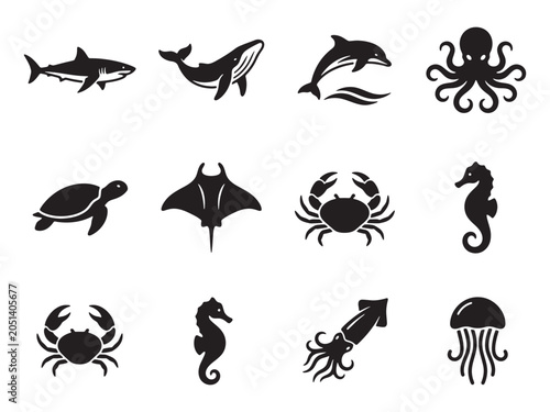 Collection of black ocean animal silhouettes