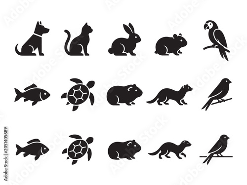 Collection of animal silhouettes including dog, cat, rabbit, bird, fish, turtle