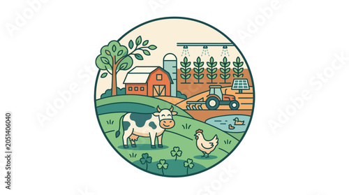 Canvas Print Cow and Chicken on Green Farm.