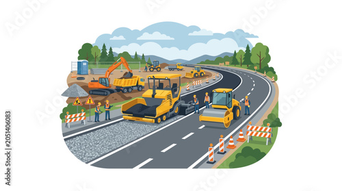 Yellow road construction vehicles working together.